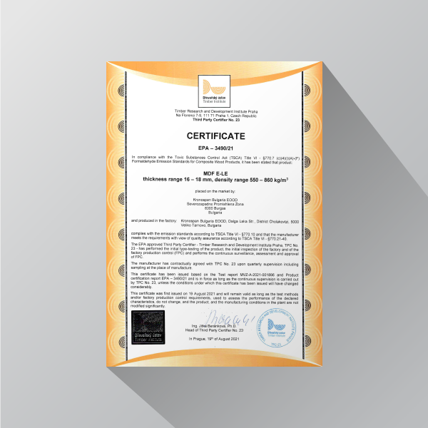 MDF E-LE EPA Certificate 16-18 mm