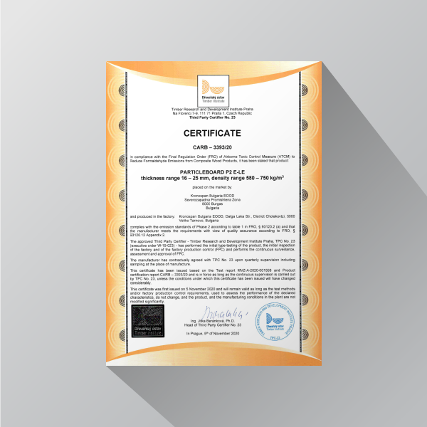 Particleboard P2 E-LE Carb Certificate 16-25 mm