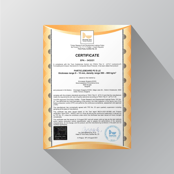 Particleboard P2 E-LE EPA Certificate 8-15mm