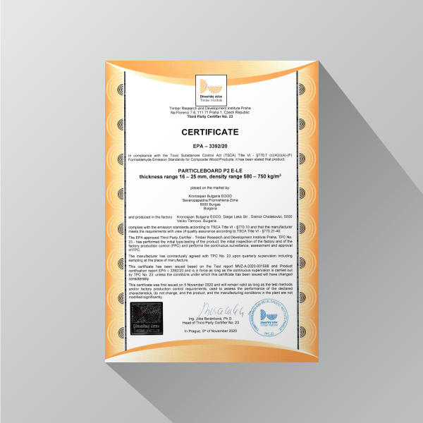 Particleboard P2 E-LE EPA Certificate 16-25 mm