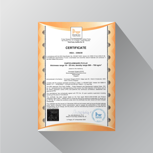 Particleboard P2 E-LE Ikea Certificate 16-25 mm