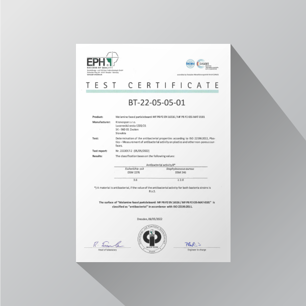 Antibacterial certificate – MFC P2 EN16516 & IOSMAT181