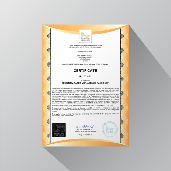 Acrylic / Aluminum MDF certificate